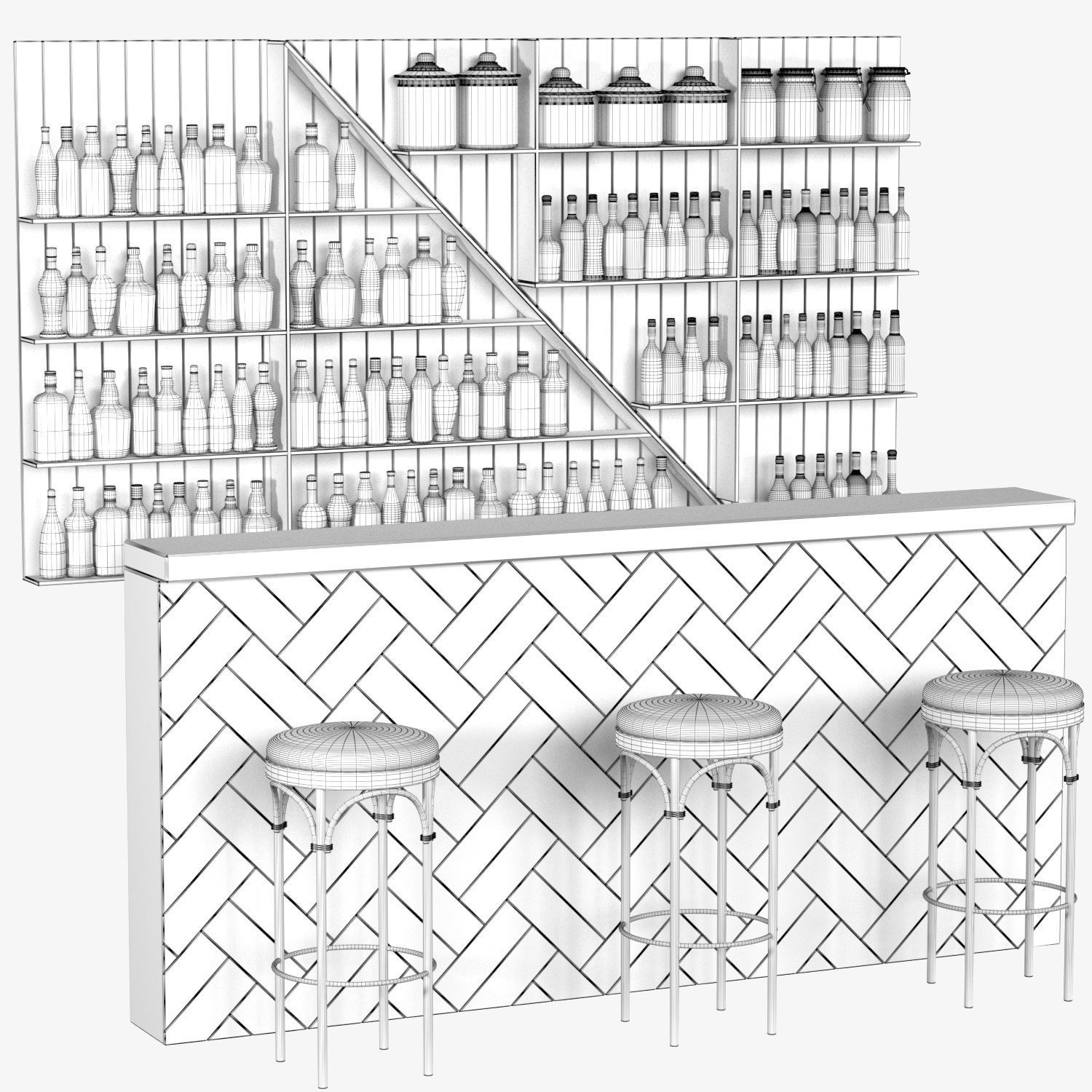 WoodBar bar with shelves and stools 3D model_4