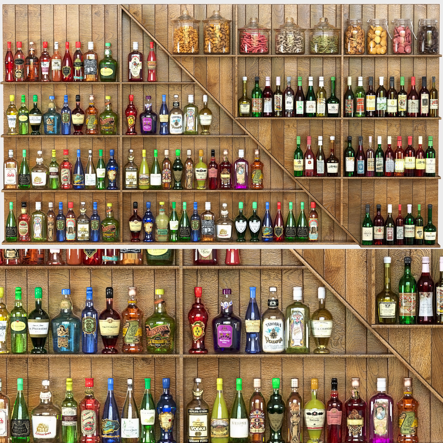 WoodBar bar with shelves and stools 3D model_1