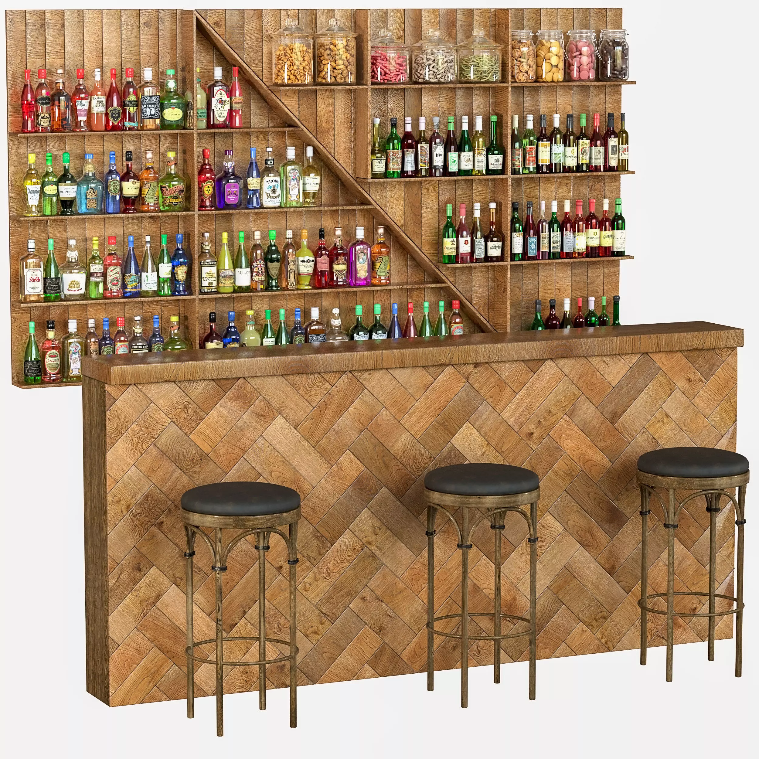 WoodBar bar with shelves and stools 3D model_0