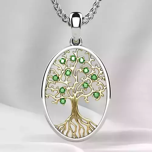 Rhodium Plated Gold Tree Pendant with Emeralds  3D print model