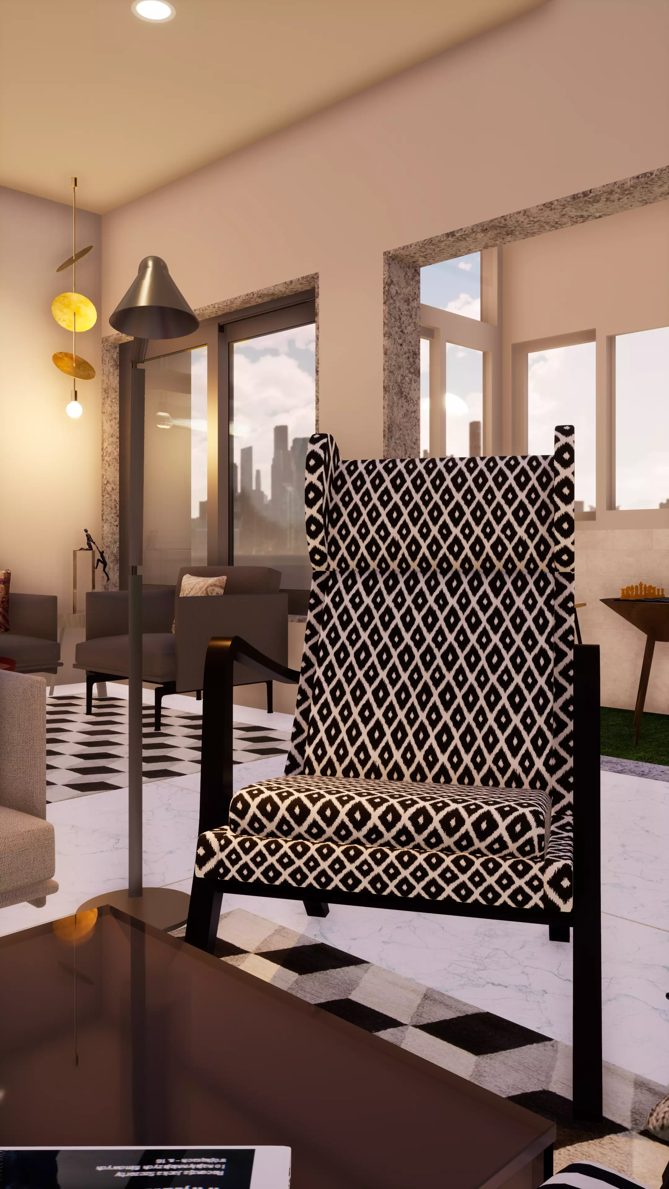 Chair living room with checkered floor 3D model_0