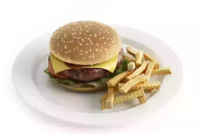 HAMBURGER 3D MODEL with fries on plate Low-poly 3D model