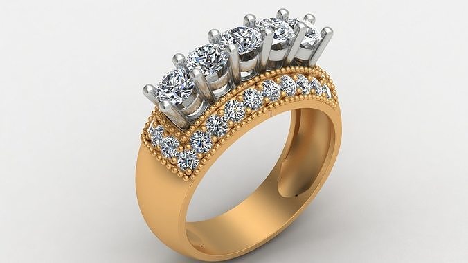 5 Stone Engagement Diamond Gold Woman Ring 3D print model
