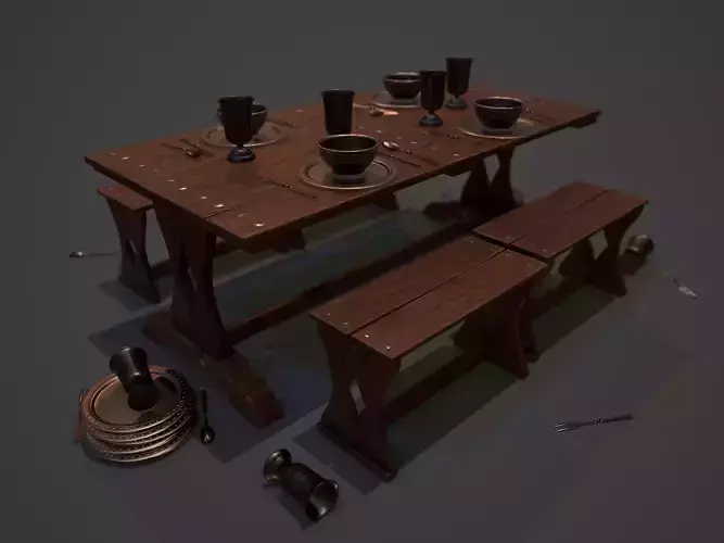 Medieval Dining Set Low-poly 3D model