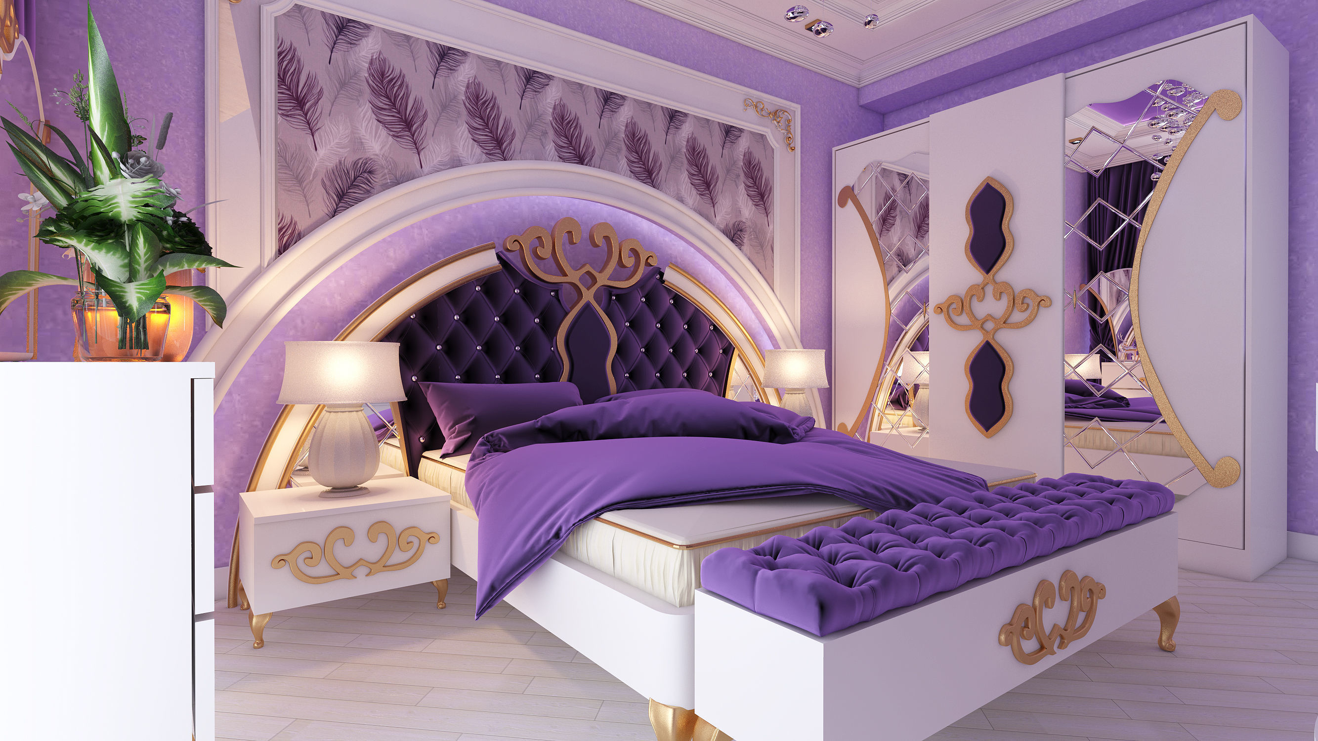 3D asset Purple Bedroom Interior Design Neftchiler