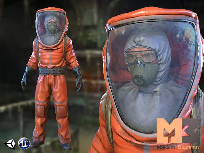 Investigator man in gas mask wearing orange suit Low-poly 3D model_0