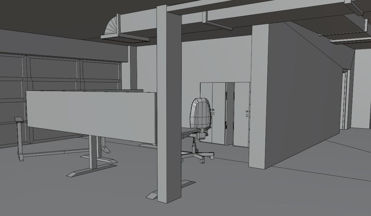 Dirty glass and concrete building with interior Low-poly 3D model_16