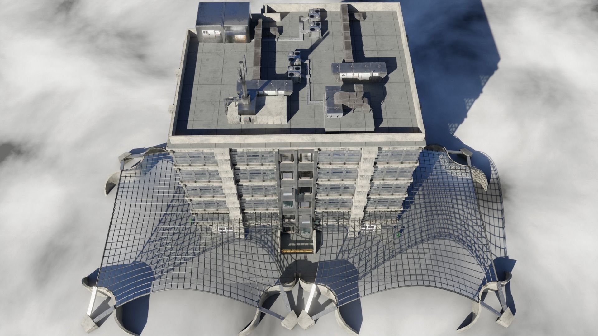 Dirty glass and concrete building with interior Low-poly 3D model_1