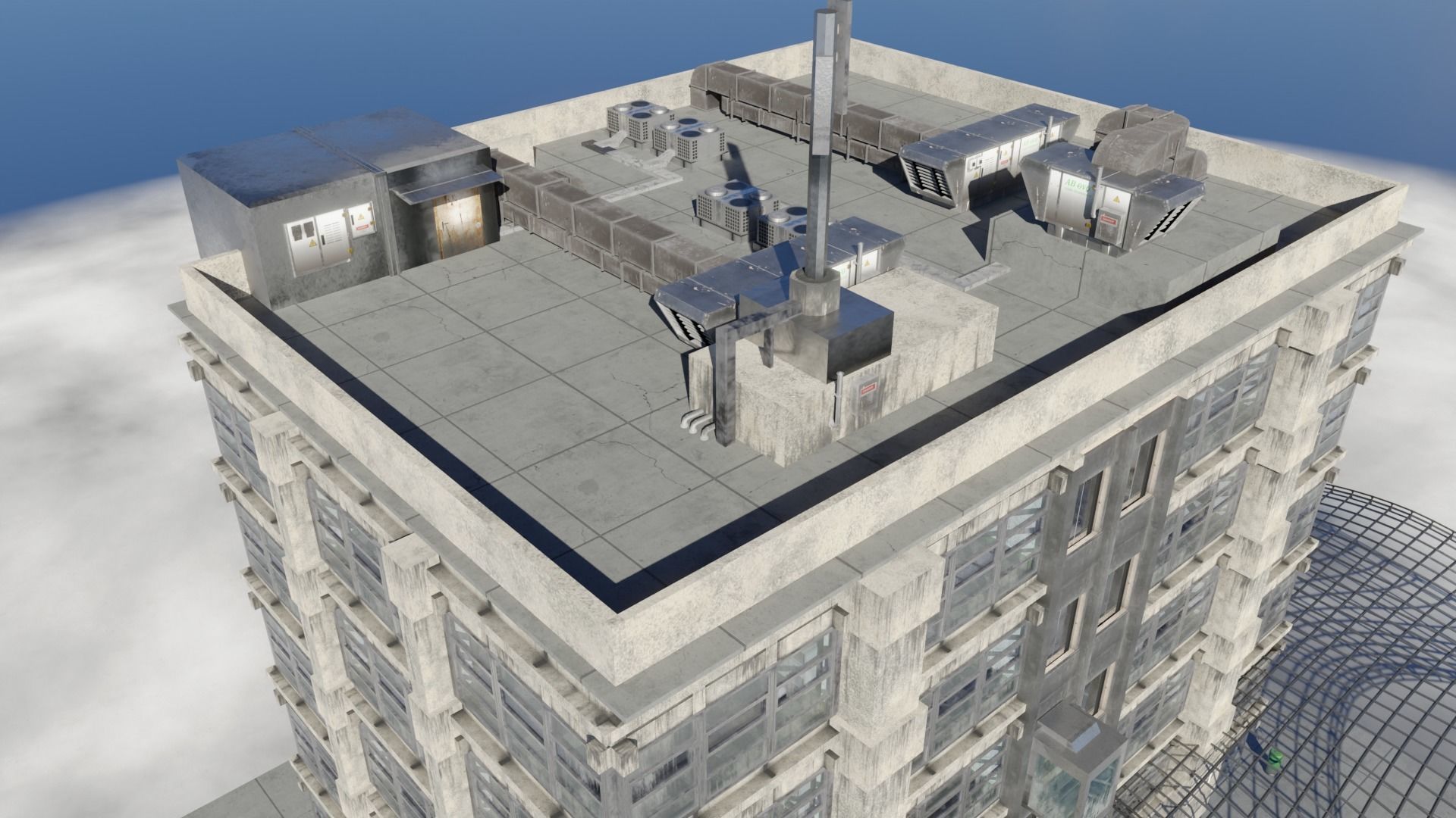 Dirty glass and concrete building with interior Low-poly 3D model_4