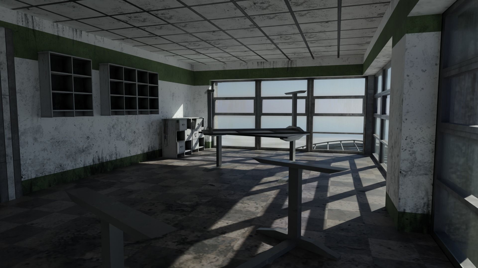 Dirty glass and concrete building with interior Low-poly 3D model_10