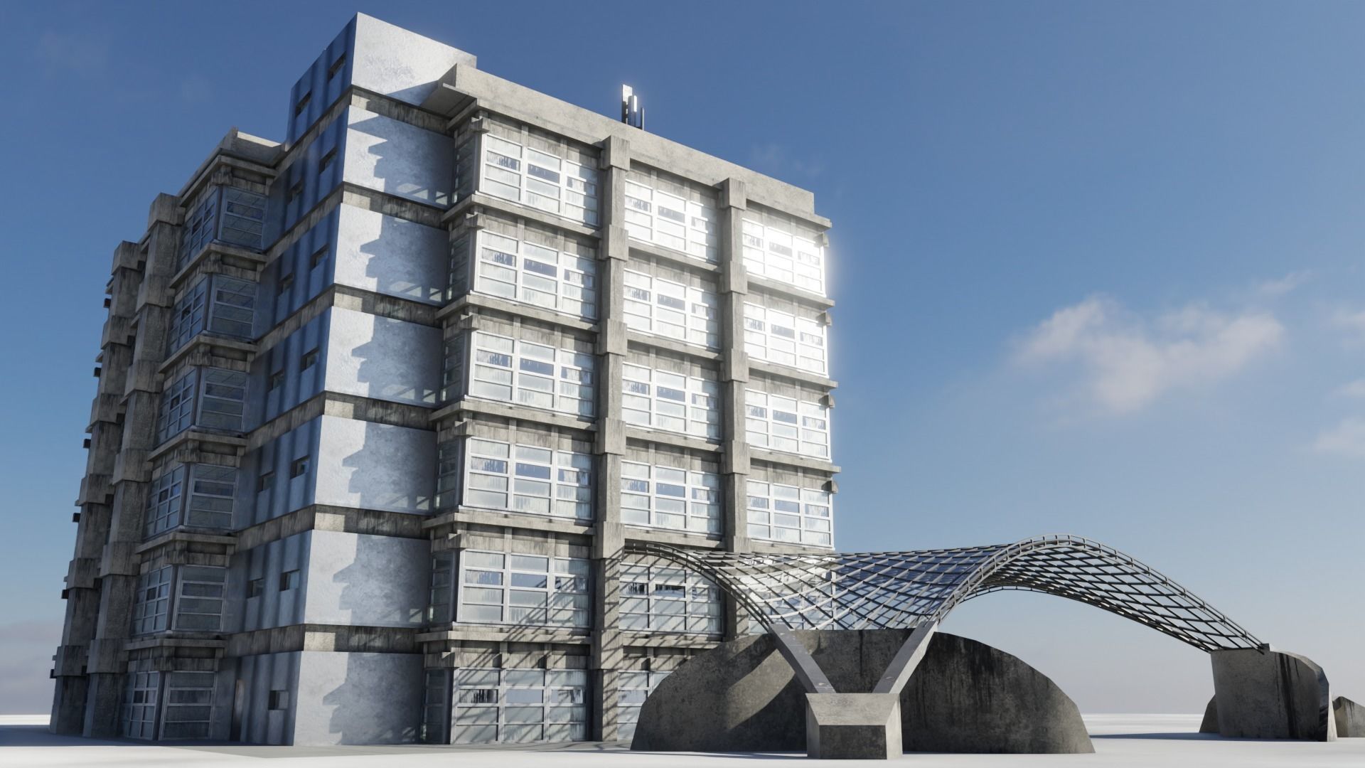 Dirty glass and concrete building with interior Low-poly 3D model_3