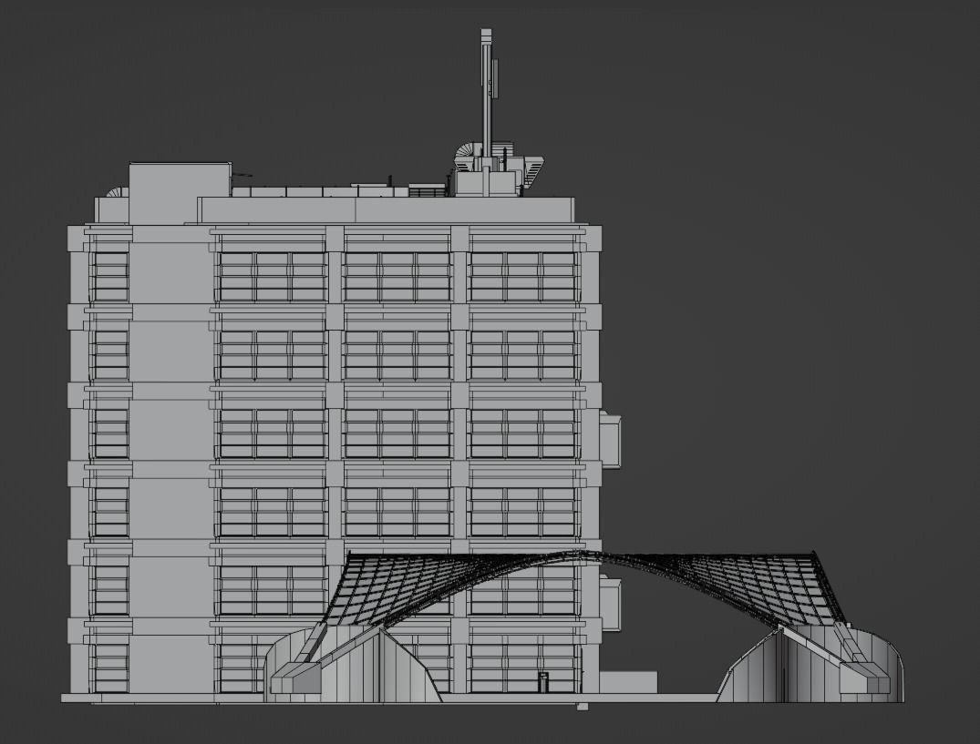 Dirty glass and concrete building with interior Low-poly 3D model_12