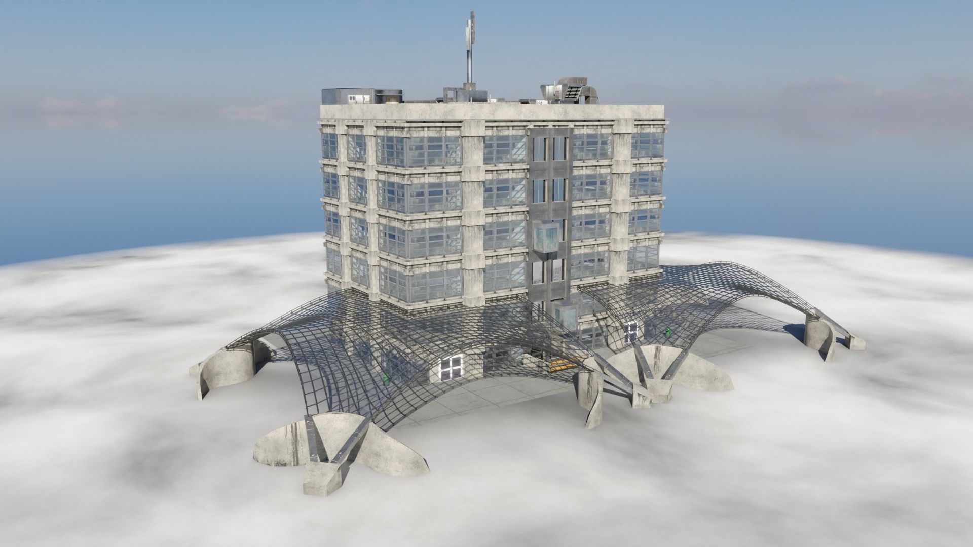 Dirty glass and concrete building with interior Low-poly 3D model_5