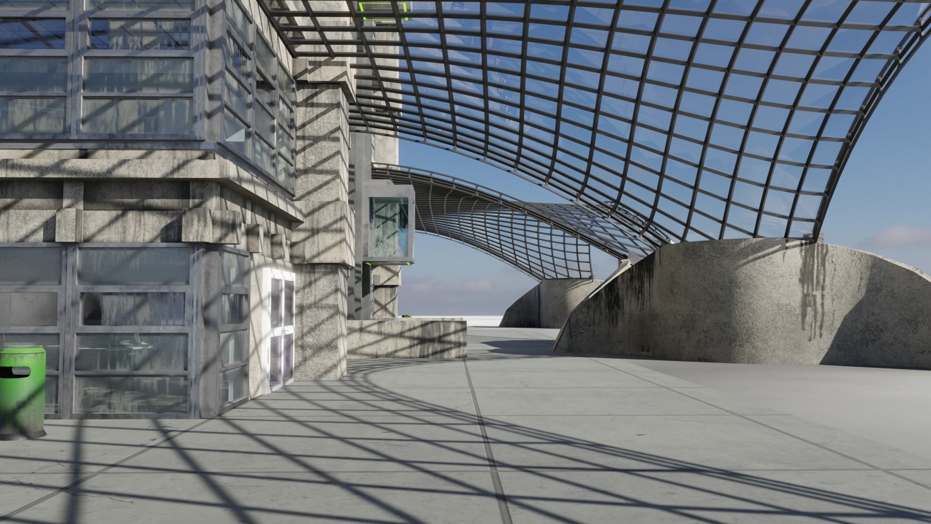 Dirty glass and concrete building with interior Low-poly 3D model_6