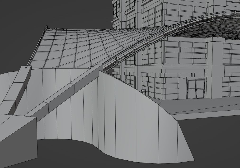 Dirty glass and concrete building with interior Low-poly 3D model_15