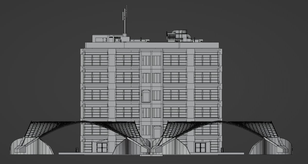 Dirty glass and concrete building with interior Low-poly 3D model_13