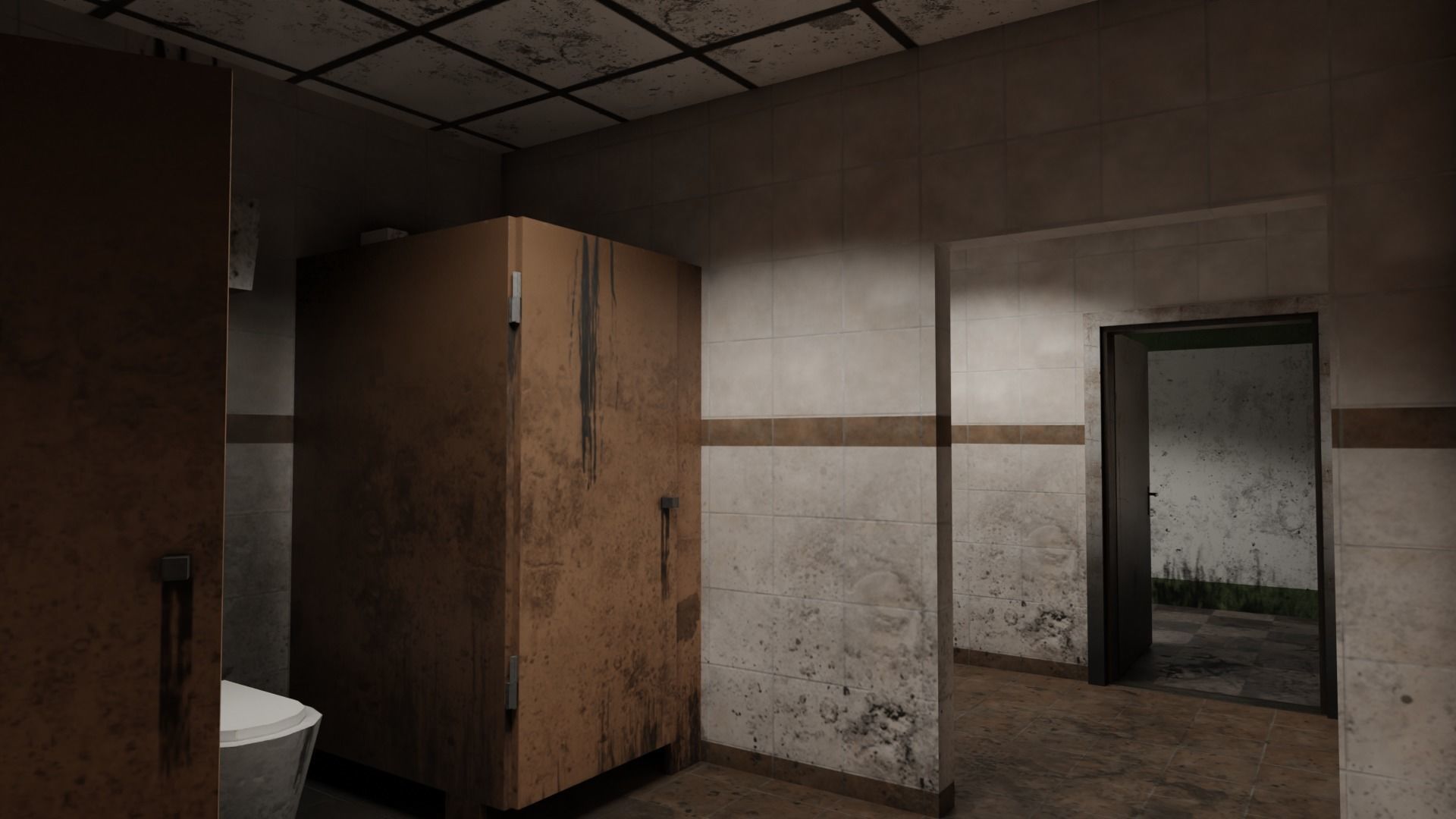 Dirty glass and concrete building with interior Low-poly 3D model_9