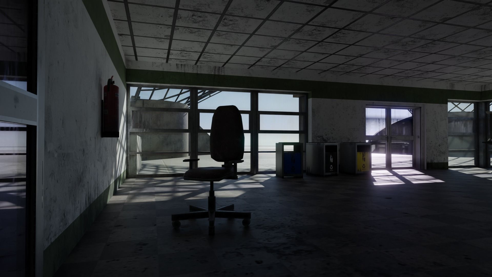 Dirty glass and concrete building with interior Low-poly 3D model_2