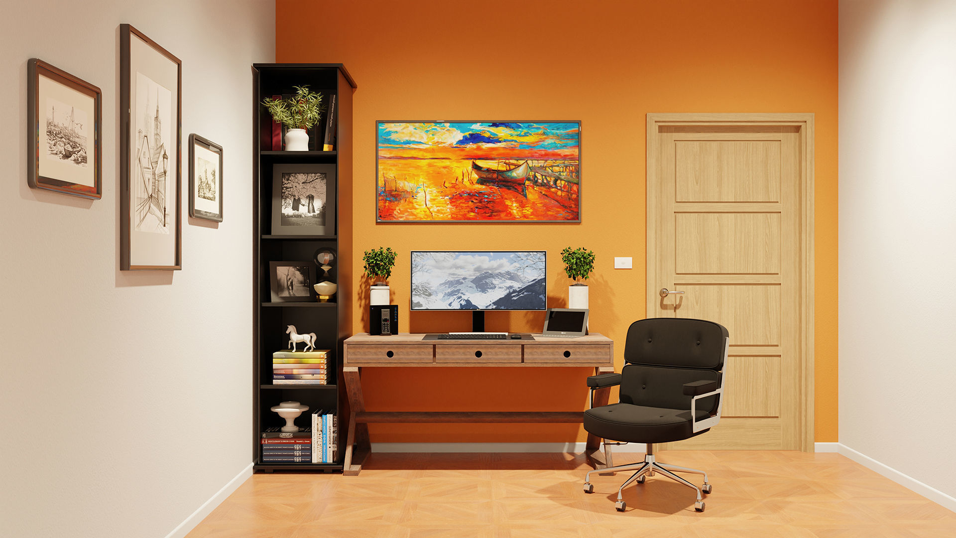 Modern Wooden Desk Low-poly 3D model_17