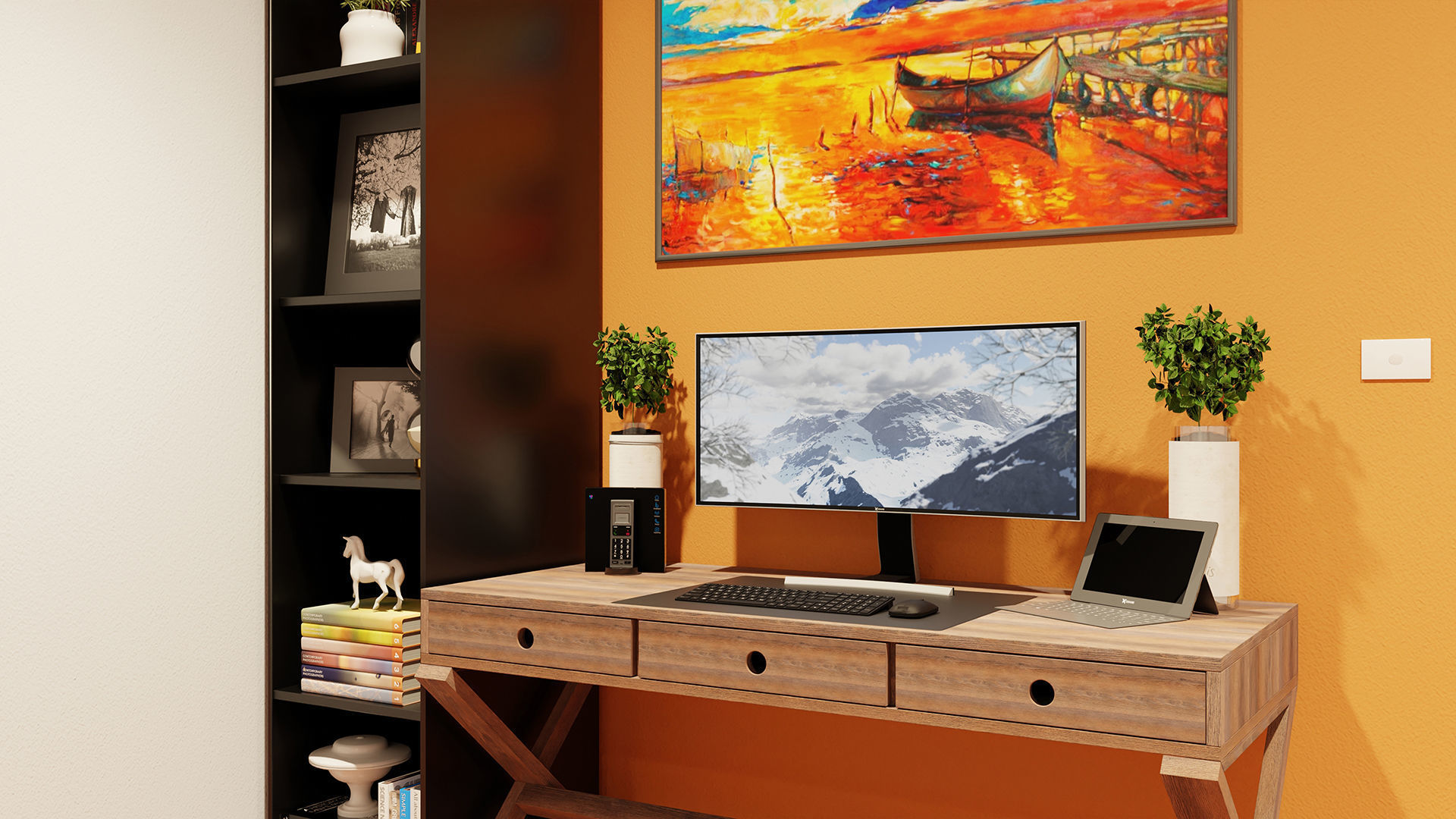 Modern Wooden Desk Low-poly 3D model_18