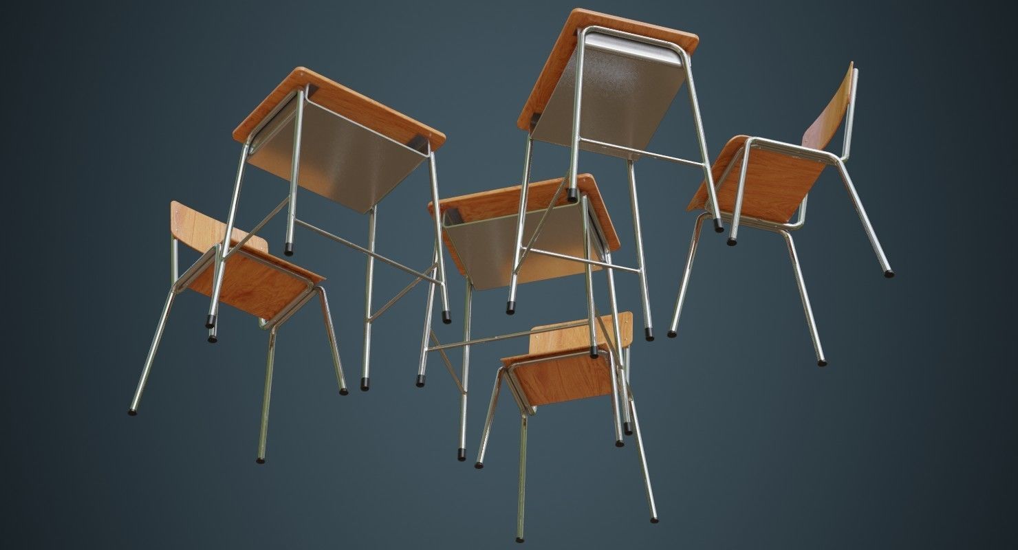 School Desk And Chair 1A Low-poly 3D model_2