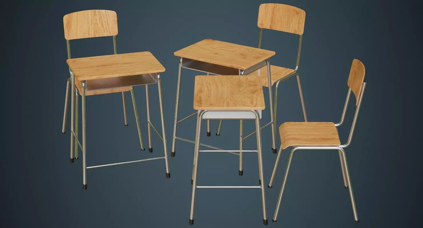 School Desk And Chair 1A Low-poly 3D model_0