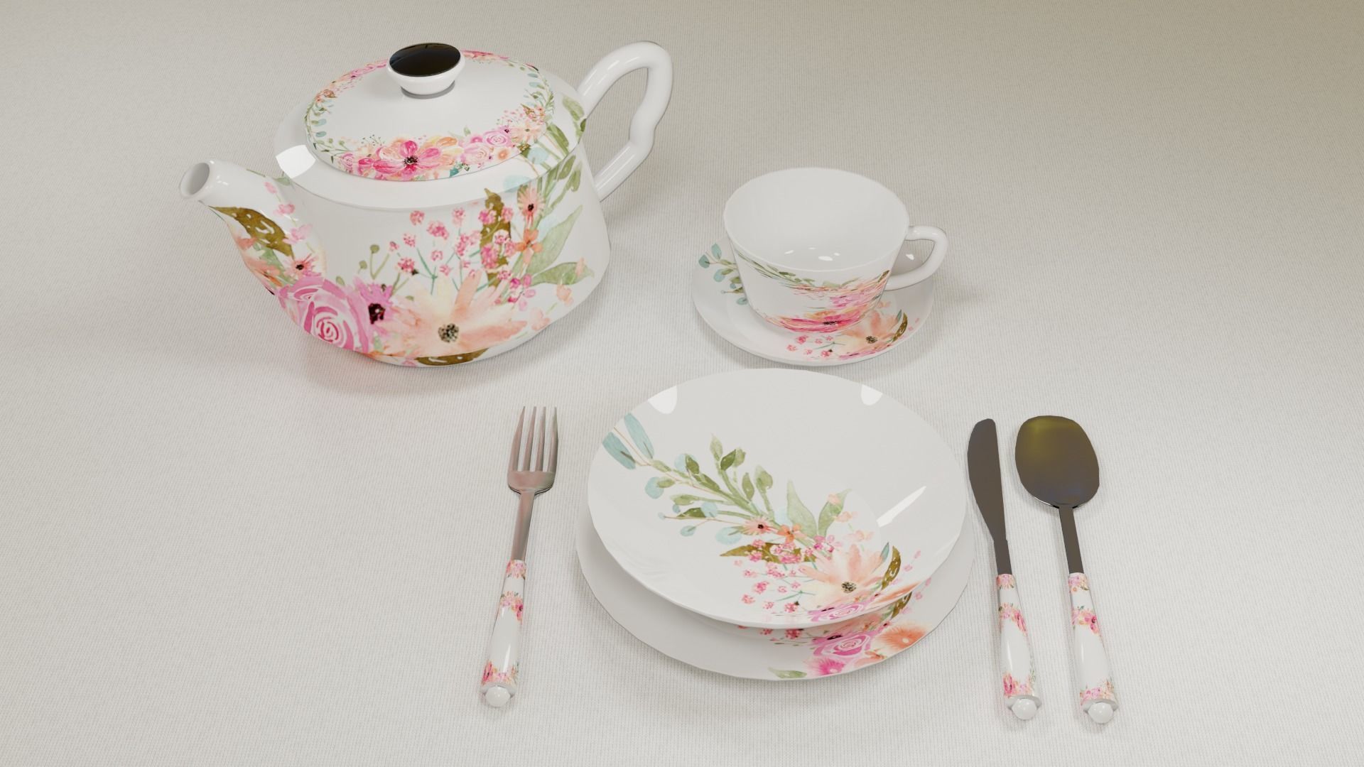 Tableware floral teapot and cup set Low-poly 3D model_2