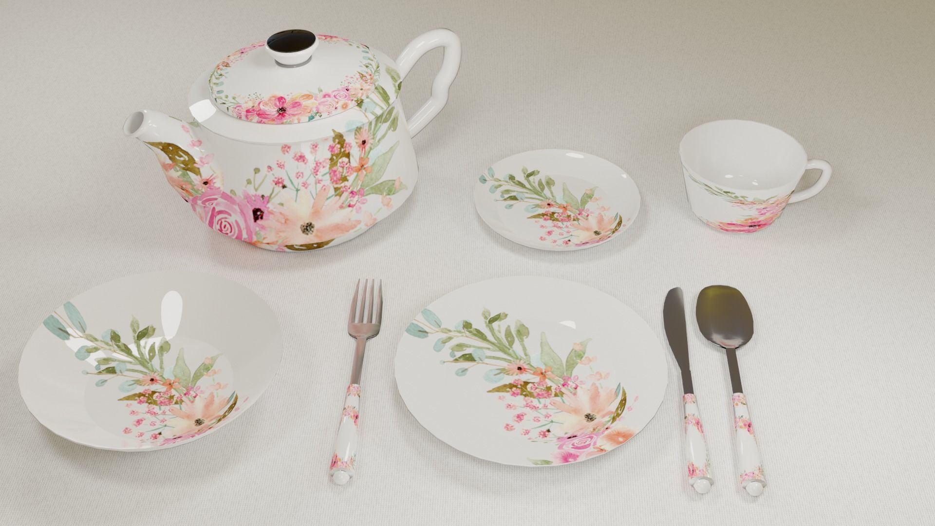 Tableware floral teapot and cup set Low-poly 3D model_4