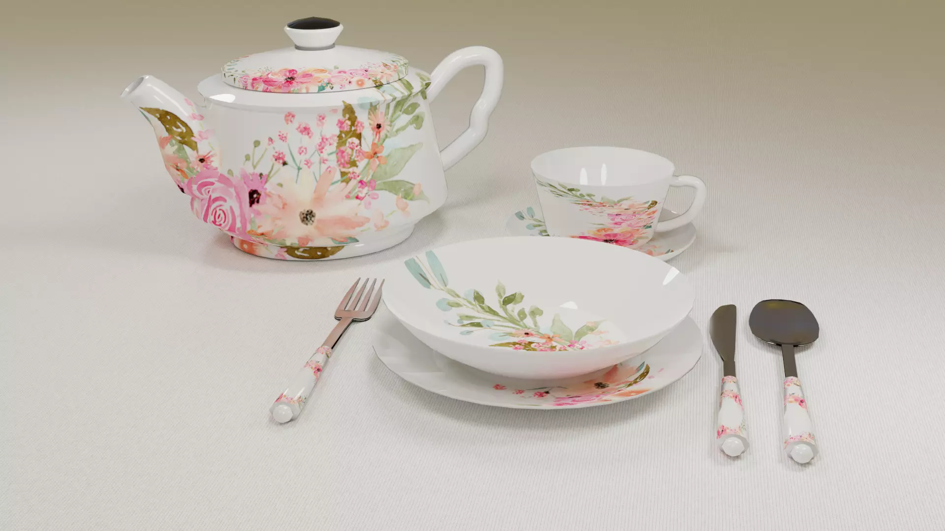 Tableware floral teapot and cup set Low-poly 3D model_0