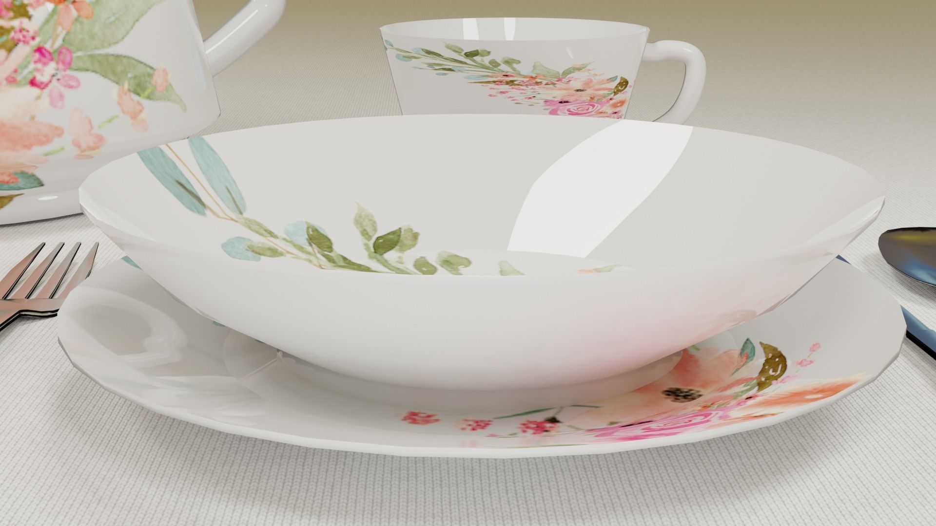 Tableware floral teapot and cup set Low-poly 3D model_7