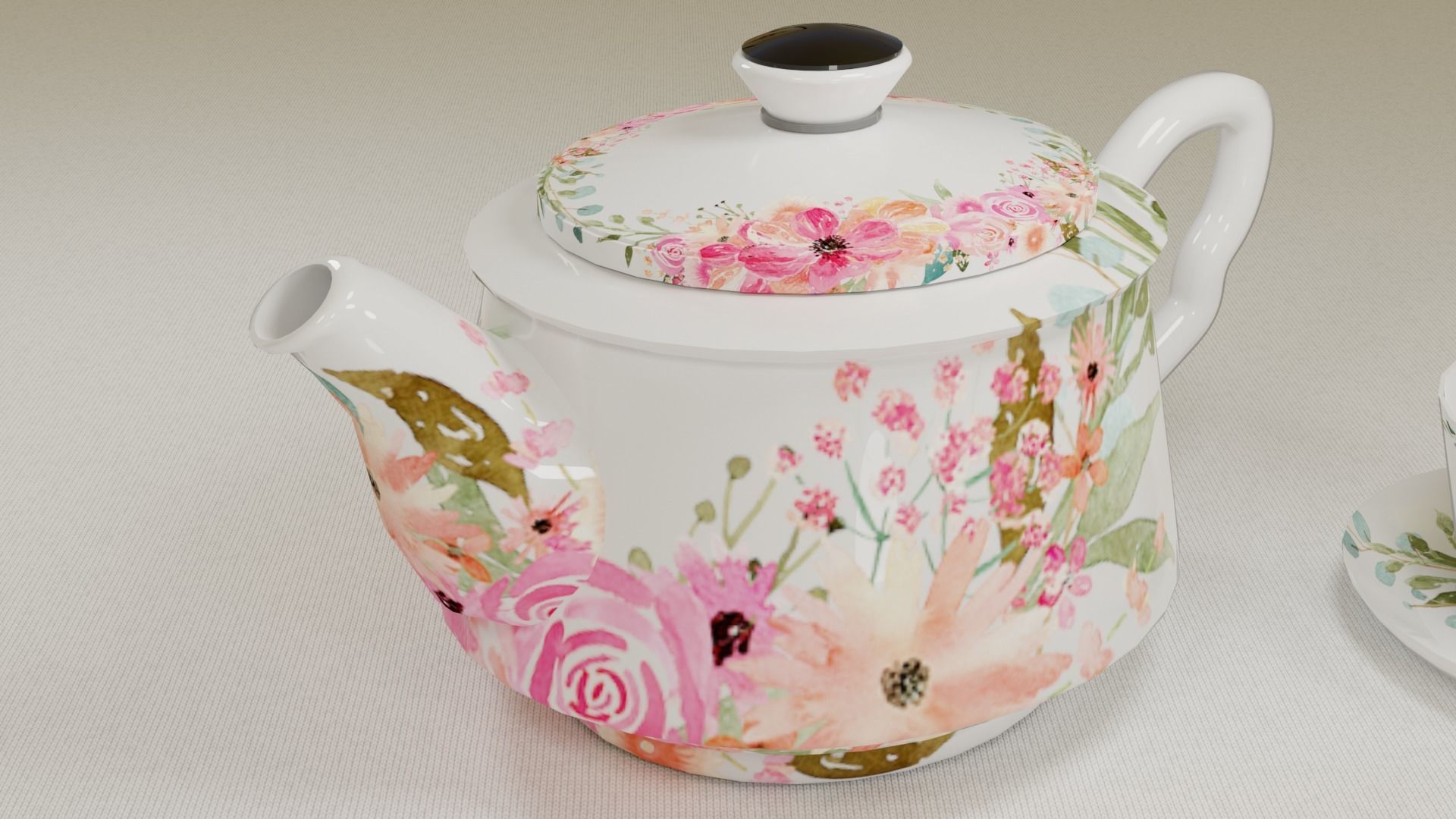 Tableware floral teapot and cup set Low-poly 3D model_6