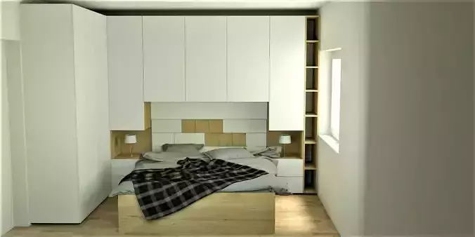 Bedroom with bed and bookshelves