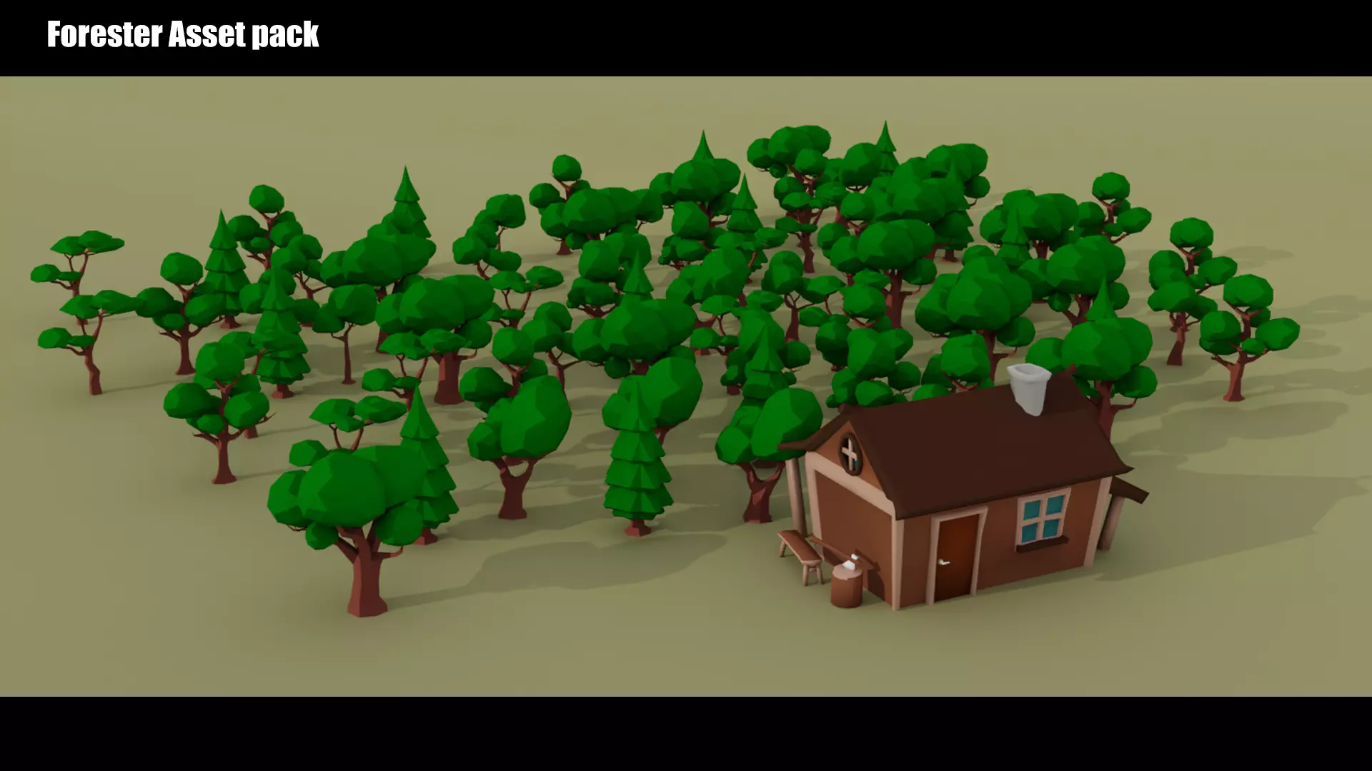 Low Poly Trees and Hut Free low-poly 3D model_0