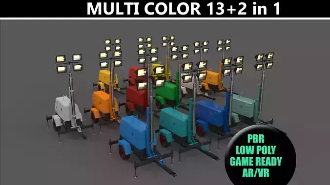 PBR Mobile Light Tower Generator B - Multi color Pack 3D Model Collection