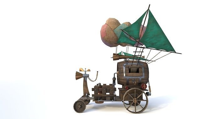 Airship 3 steam powered car with sail on top Low-poly 3D model 7