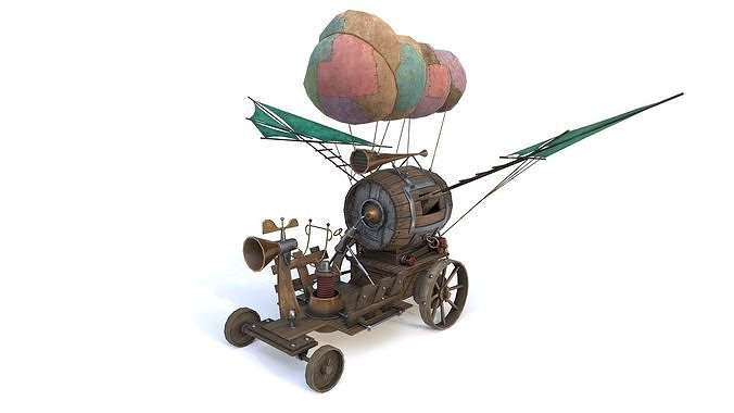 Airship 3 steam powered car with sail on top Low-poly 3D model 2