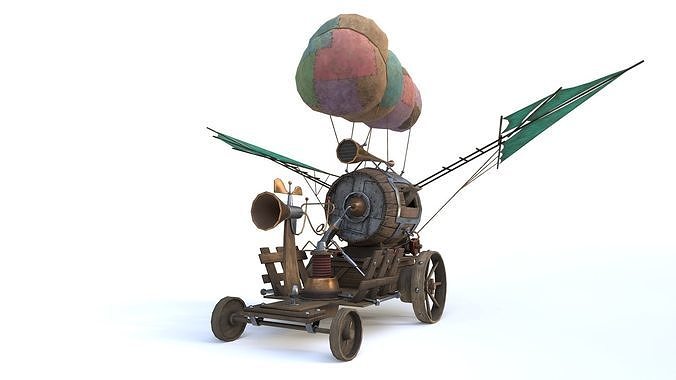 Airship 3 steam powered car with sail on top Low-poly 3D model 4