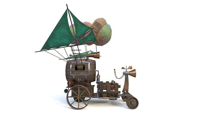 Airship 3 steam powered car with sail on top Low-poly 3D model 6