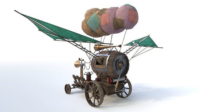 Airship 3 steam powered car with sail on top Low-poly 3D model 3