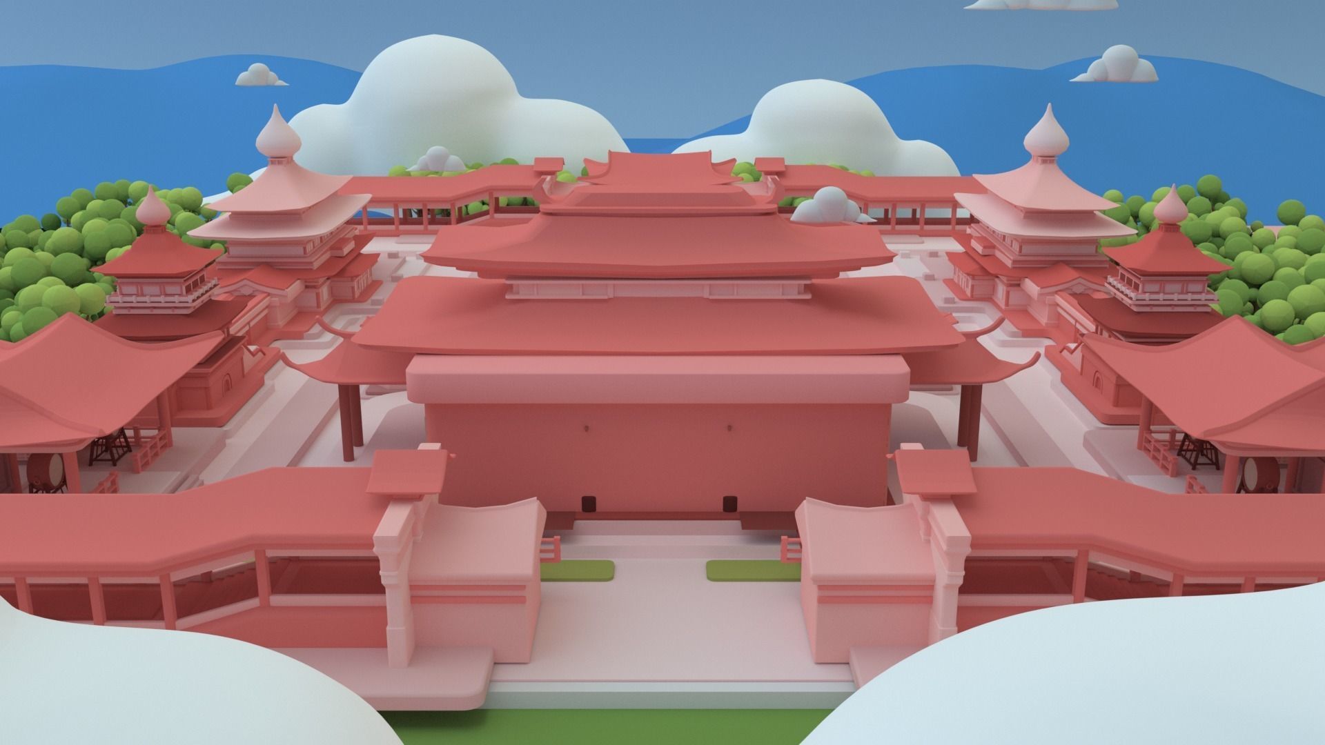 Low poly Chinese architecture with interior Low-poly 3D model_5