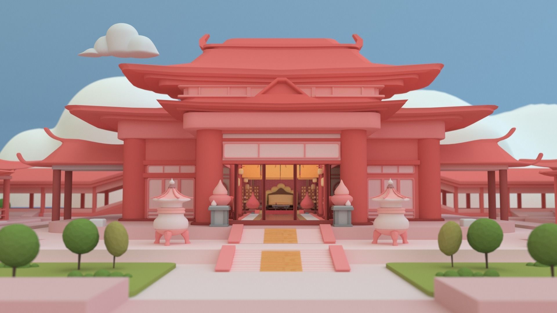 Low poly Chinese architecture with interior Low-poly 3D model_3