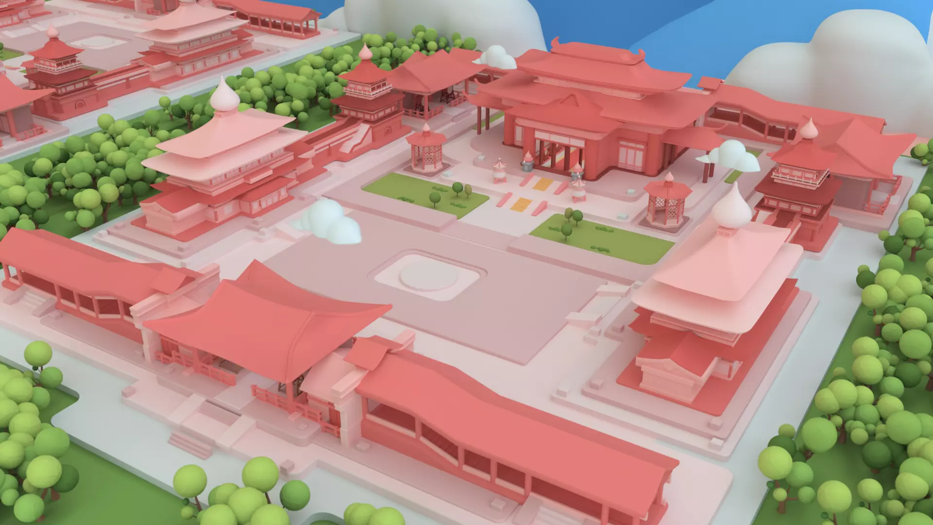 Low poly Chinese architecture with interior Low-poly 3D model_0