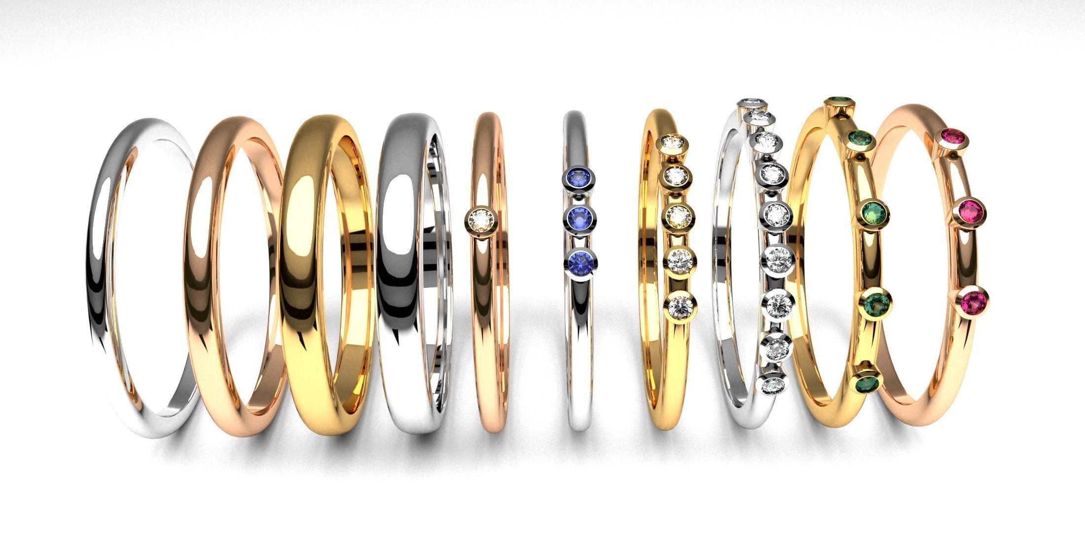 fashion thin rings with diamonds set of 10 pcs printable 3D print model_1