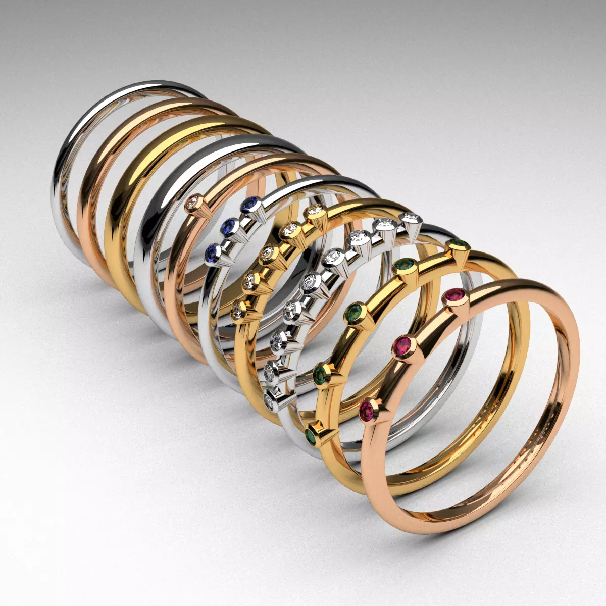 fashion thin rings with diamonds set of 10 pcs printable 3D print model_0