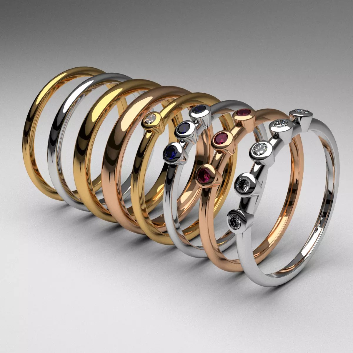 fashion thin rings with diamonds set of 8 pcs printable 3D print model_0