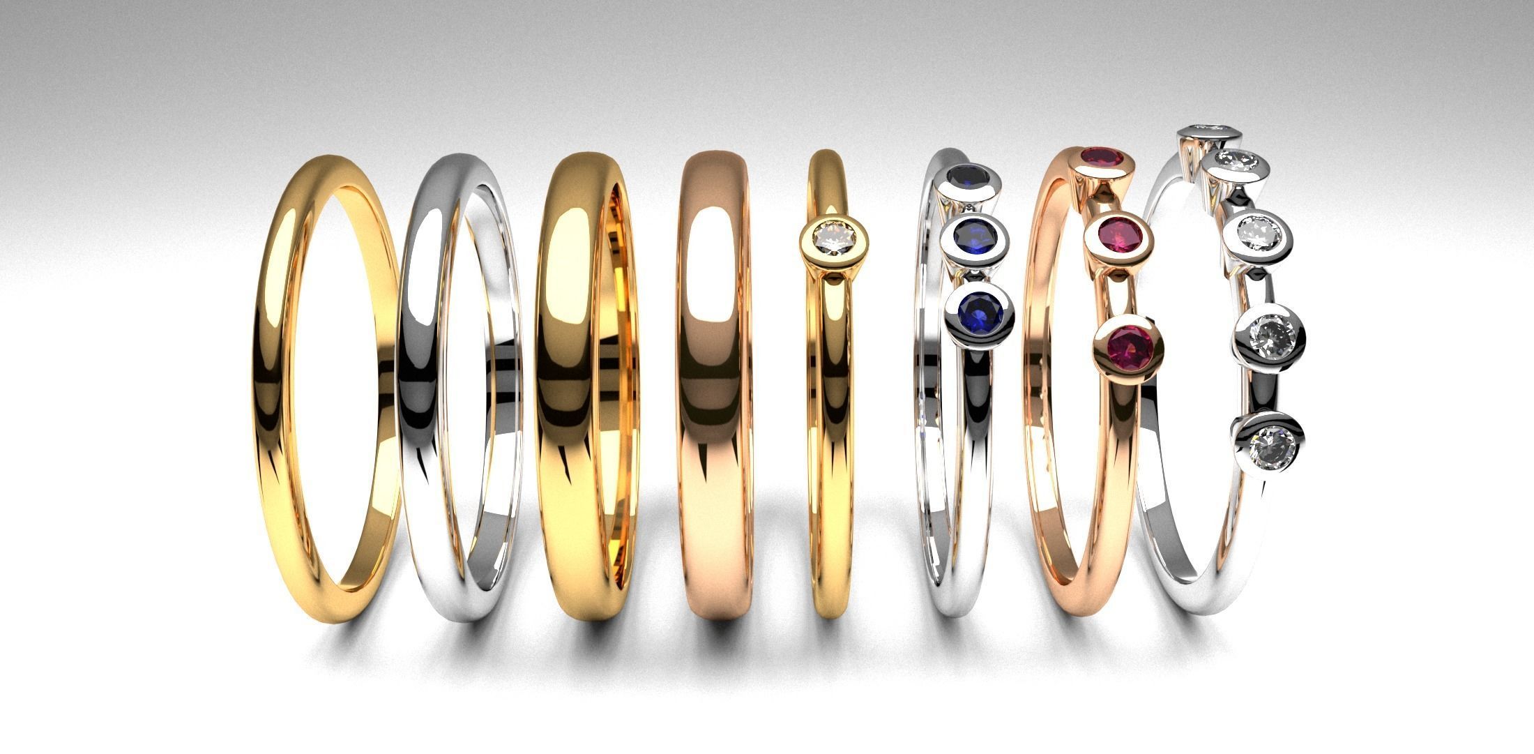fashion thin rings with diamonds set of 8 pcs printable 3D print model_1