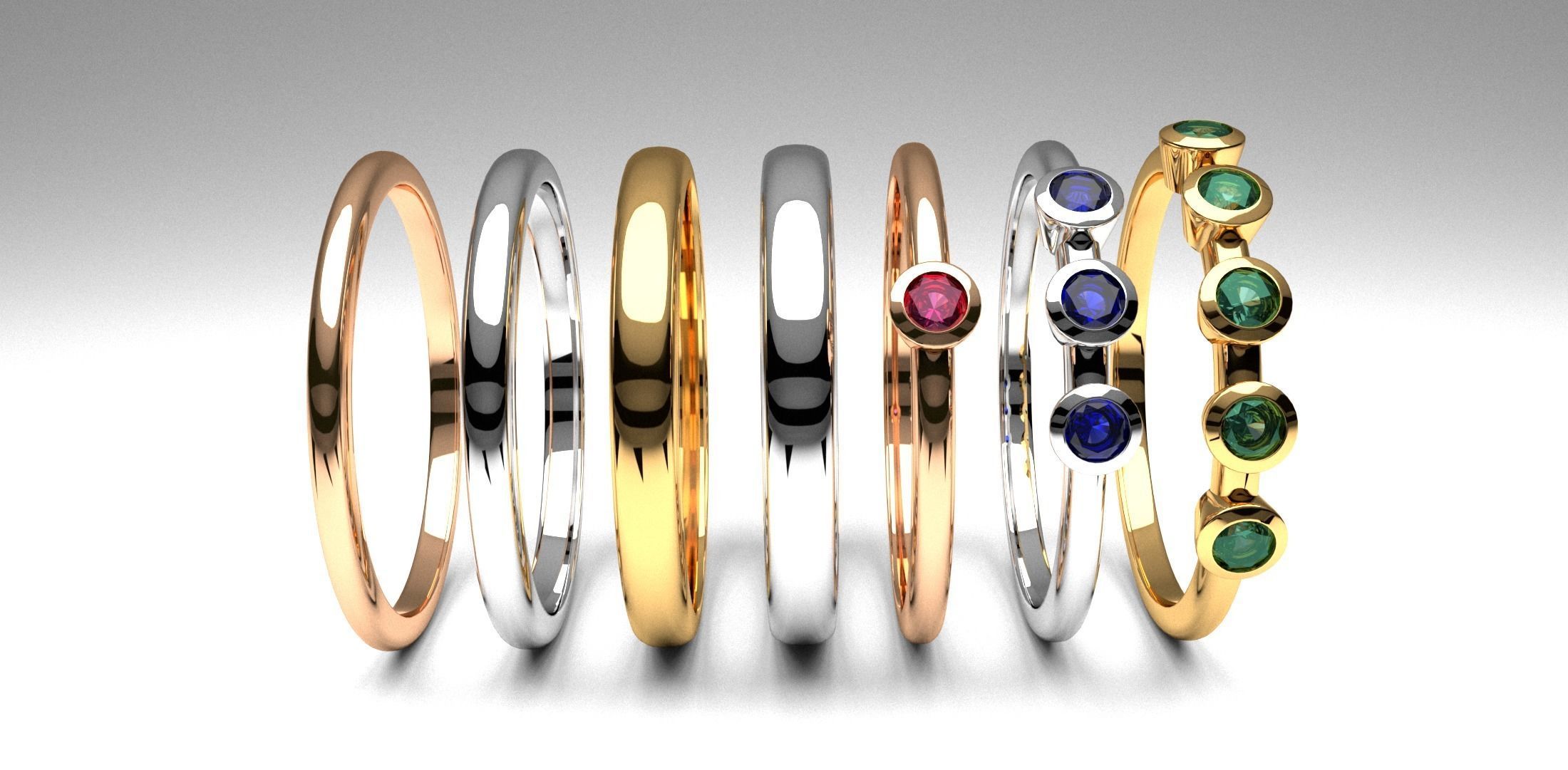 fashion thin rings with diamonds set of 7 pcs printable 3D print model_1