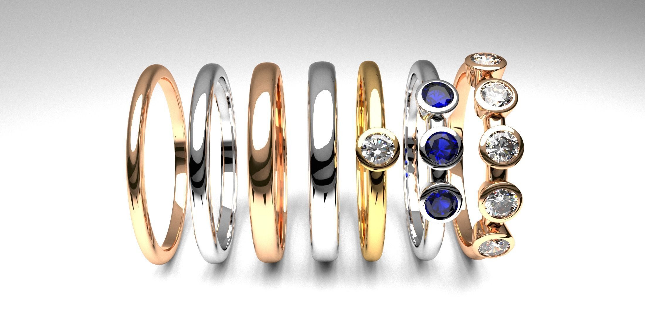 fashion thin rings with diamonds set of 7 pcs printable 3D print model_1