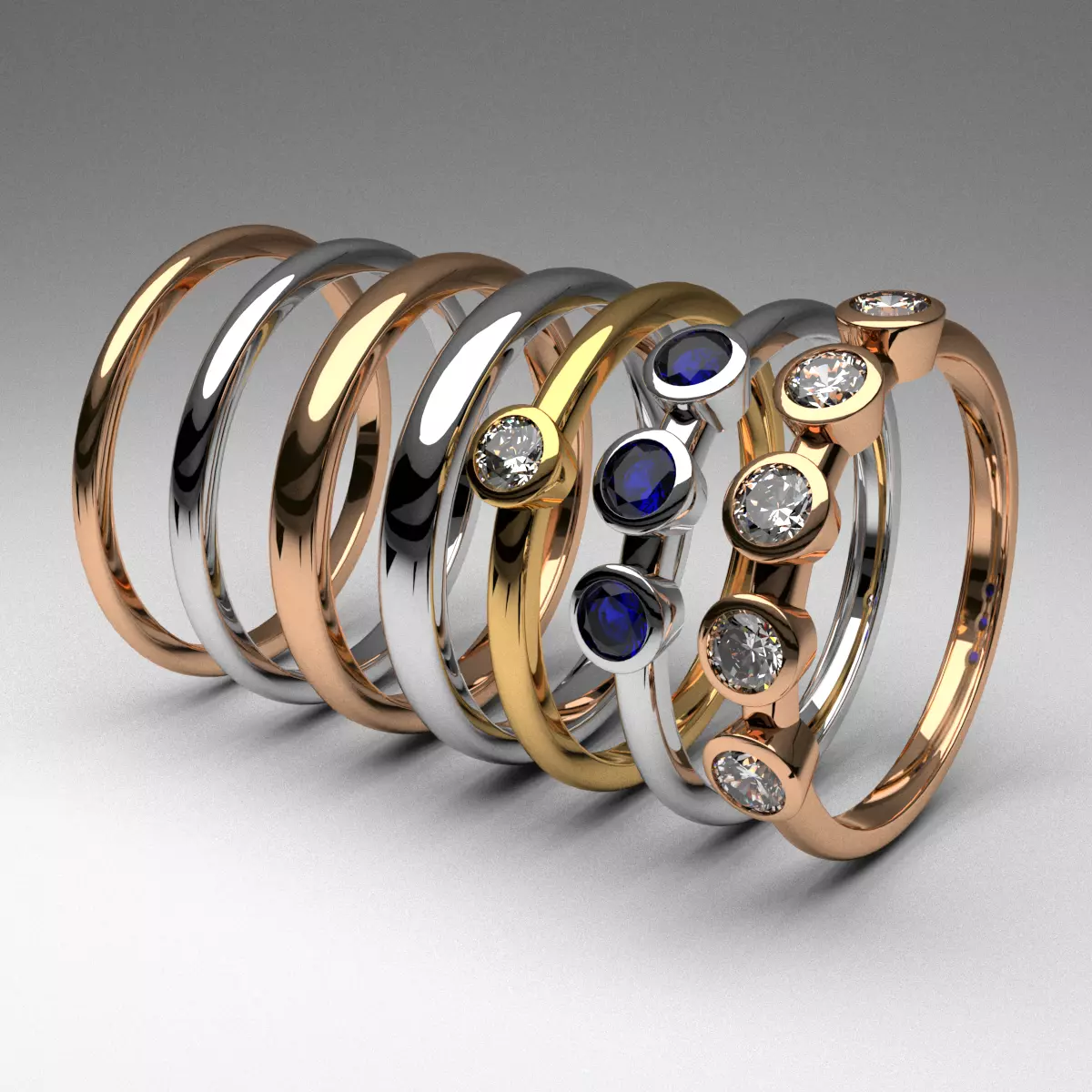 fashion thin rings with diamonds set of 7 pcs printable 3D print model_0