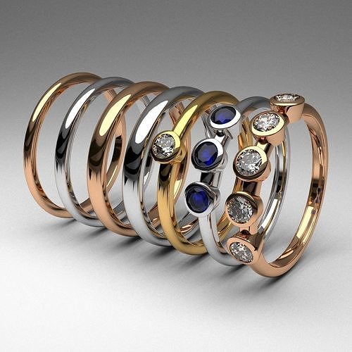 fashion thin rings with diamonds set of 7 pcs printable 3D print model